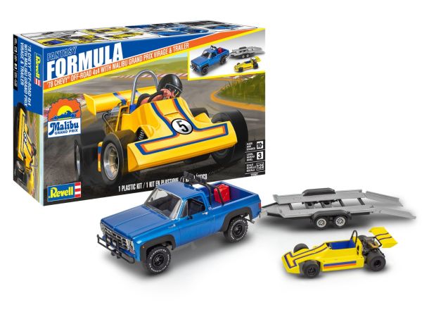 REV14581 - 1978 Chevrolet 4x4 pick-uptruck in blauw met laadbak en racecircuits - Malibu Grand Prix om te monteren en te schilderen - 1