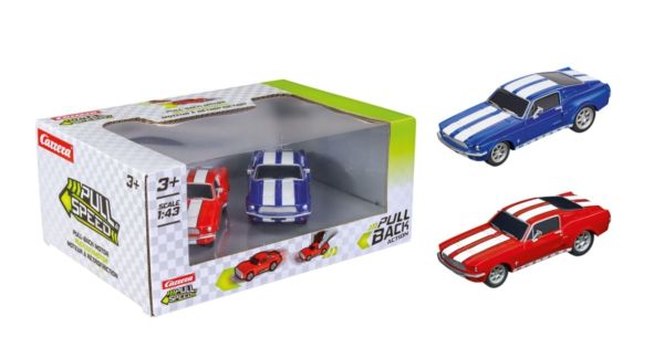 CARRERA15813030 - Ford-duo (wrijvingsaandrijving) – blauwe en rode 1967 Mustang - 1