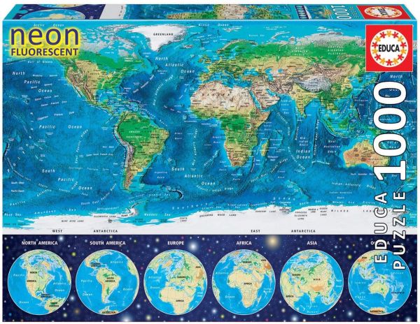 EDU16760 - Fluorescerende wereldkaart 1000 stukjes puzzel - 1