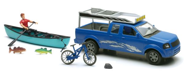 NEW37385C - Doos met een blauwe Pick-up; een personage; een boot en accessoires Schaal: 1/18 - 1