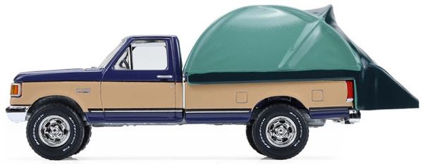 GREEN38080-D - Een Ford F-150 XLT Lariat uit 1987, blauw en beige, met een daktent uit de serie 