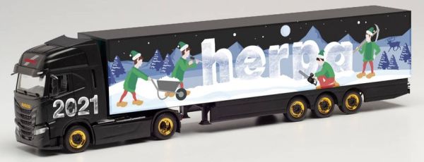 HER314176 - IVECO S-Way 4x2 met aanhanger bestelwagen 3 assen Kerstmis HERPA 2021 - 1
