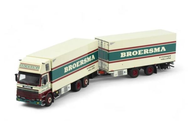 TEK82539 - SCANIA R113 Topsleeper 6x2 vrachtwagen met vaste laadbak en 2-assige oplegger BROERSMA - 1