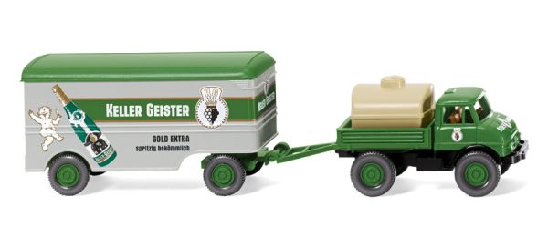 WIK037106 - MERCEDES UNIMOG U406 4x2 met dieplader beladen met een tank en zijn bakwagen 2 assen Keller Geister - 1