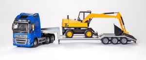 EMEK33754 - VOLVO FH16 6x4 blauw met 3-assige drager en LANNEN graafmachine
