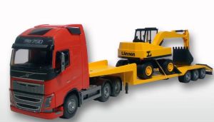 EMEK33755 - VOLVO FH16 6x4 rood met 3-assige drager en LANNEN graafmachine