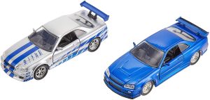 JAD31980 - Pack 2 NISSAN GTR R34 blauw en grijs Fast and Furious