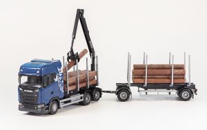 EMEK70674 - SCANIA S730 6x4 blauwe bakwagen met 1+1 as houttransportaanhanger