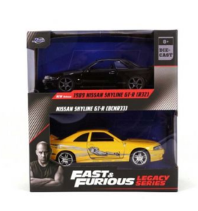JAD35696 - TWIN PACK - NISSAN Skyline TT-R R32 1989 zwart en NISSAN Skyline GT-R R33 geel FAST and FURIOUS