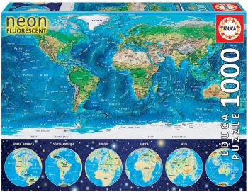 EDU16760 - Fluorescerende wereldkaart 1000 stukjes puzzel