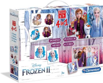 CLE18059 - EDUKIT - 4 in 1 domino memo puzzel 30 munten en 6 blokjes SNOW QUEEN 2