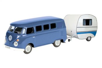 SCH26105 - VW T1 "Blauw en Wit" Bus met "Wit en Blauw" Caravan