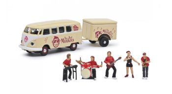 SCH26691 - VOLKSWAGEN T1 bus met 1-as aanhanger THE RED MONKEYS en 5 personages