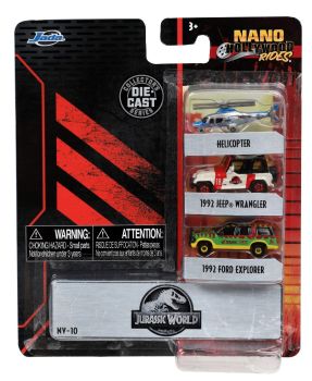 JAD31955 - 3 Nanovoertuigen - Helikopter - 1992 JEEP Wrangler - 1992 FORD Explorer - JURASSIC WORLD