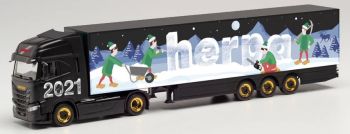 HER314176 - IVECO S-Way 4x2 met aanhanger bestelwagen 3 assen Kerstmis HERPA 2021