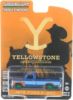 GREEN44980-E_VERT - FORD F-250 1978 Blauw met groene velgen uit de TV-serie YELLOWSTONE in blisterverpakking