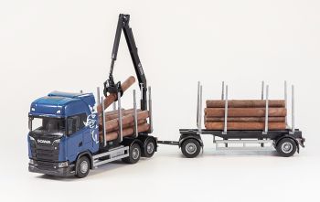 EMEK70674 - SCANIA S730 6x4 blauwe bakwagen met 1+1 as houttransportaanhanger