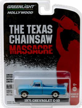 GREEN44820-B - CHEVROLET C-10 pick-up 1971 blauw uit de film The Texas Chainsaw Massacre verkocht in blisterverpakking