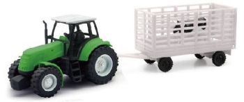 NEW05685D - Groene tractor met veewagen en 1 koe