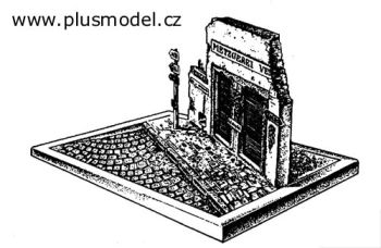 PLS032 - Miniatuurhuisruïne om in elkaar te zetten en te schilderen 21;5 cm lang en 15 cm hoog met sokkel van 27 x 18 cm