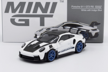 MGT00853-L - PORSCHE 911 992 GT3 RS Weissach-pakket, wit met indigo-blauwe velgen