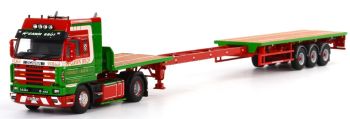WSI02-1599 - SCANIA R143 Streamline 4x2 en MC GAWN BROTHERS uitschuifbare 3-assige flatbed